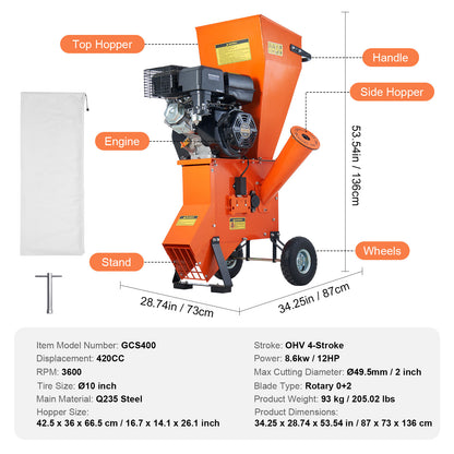 VEVOR Wood Chipper Shredder Mulcher 7HP Heavy Duty Gas Powered 3” 212cc/ 420cc, 4.1kw/4.1kw