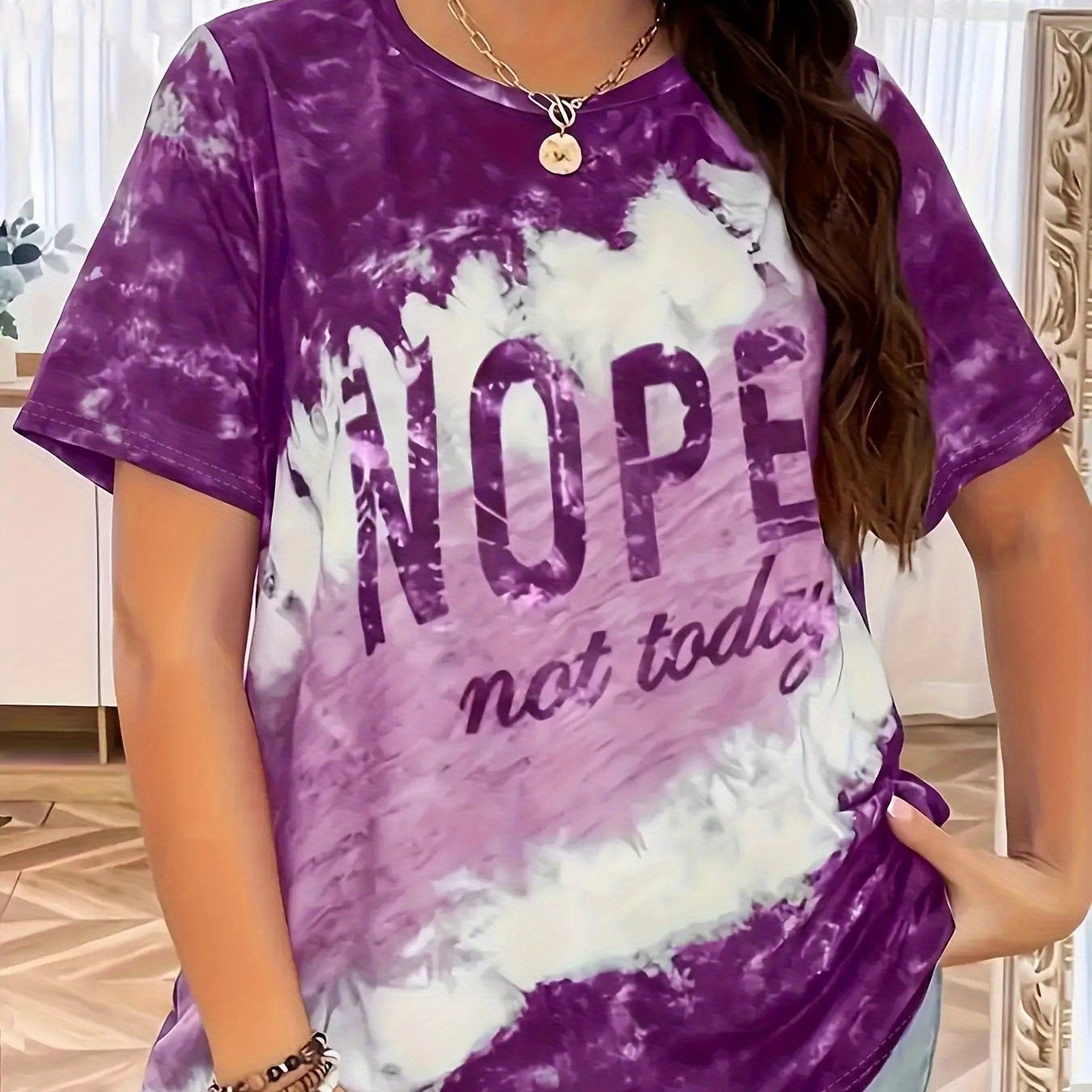 Women'S Plus Size Tie-Dye Graphic T-Shirt - NOPE Not Today Bold Statement Tee in Purple & White, Relaxed Fit Crew Neck Summer Top - Breathable Everyday Casual Shirt for Women - Machine Washable Statement Outfit Essential, Out