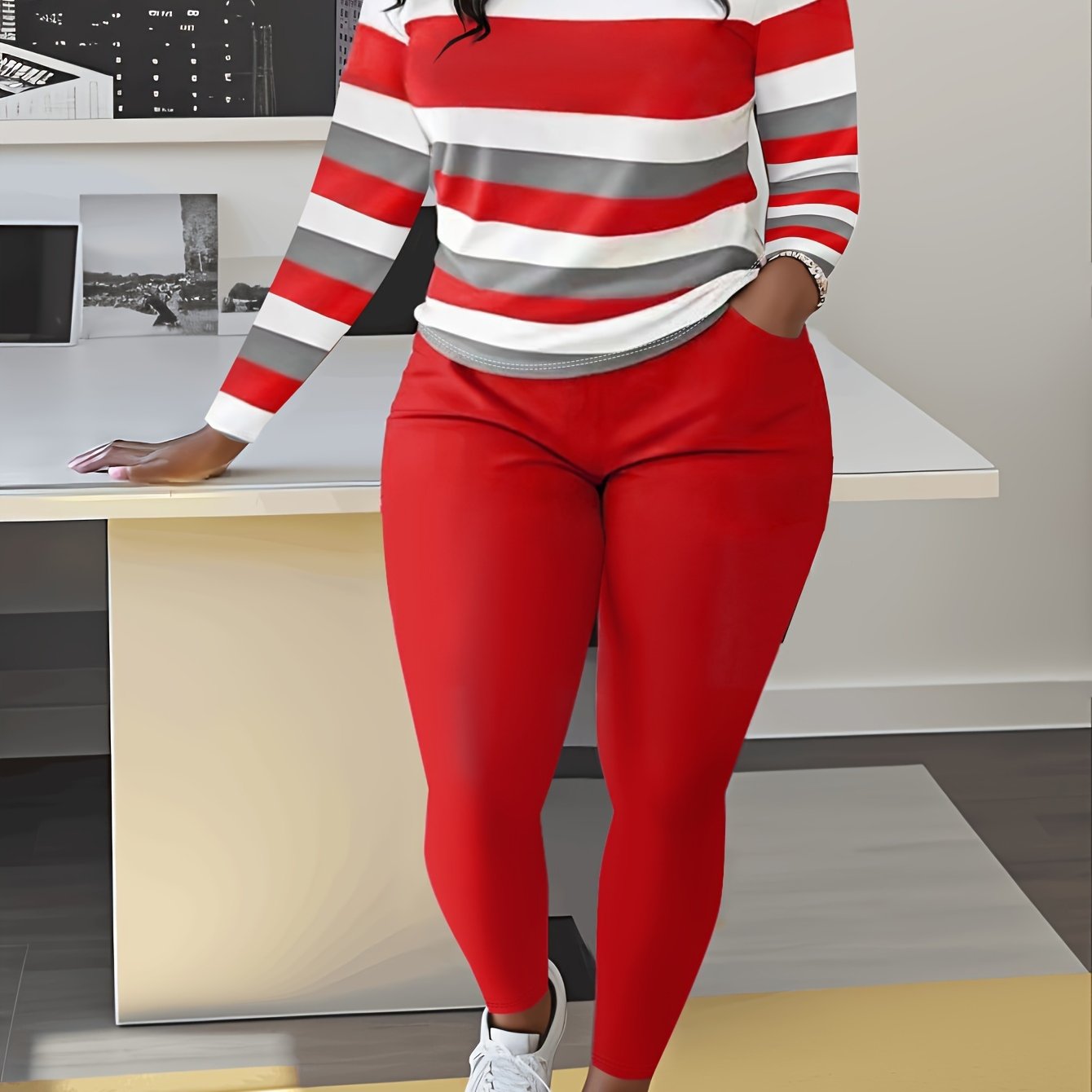 Unique Women's Striped Casual Set- Green And White, Long Sleeve Round Neck Top And Pants with Pockets, Weight Polyester Blend, Machine Washable, Comfortable Clothing| Pants| Polyester Blend