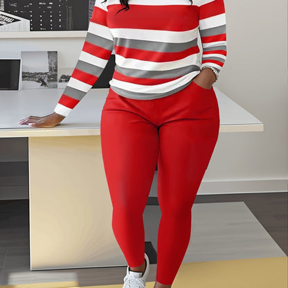 Unique Women's Striped Casual Set- Green And White, Long Sleeve Round Neck Top And Pants with Pockets, Weight Polyester Blend, Machine Washable, Comfortable Clothing| Pants| Polyester Blend