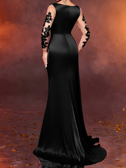 Elegant Long Ladies' Gown with Lace Detail | Solid Color, Contrast Mesh, Long Sleeve, Gown Hem, Ideal for Christmas, Birthday, Graduation, Travel