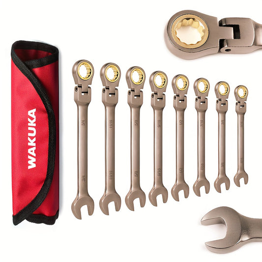 8pcs Ratcheting Wrench Set, SAE, Combination Wrench Set, 5/16" to 3/4", 72-Teeth, Flex-Head for Automotive, Car, Motorcycle, Bicycle, Mechanical Tool, Nickel Plating Sandblast Finish Cr-V Steel