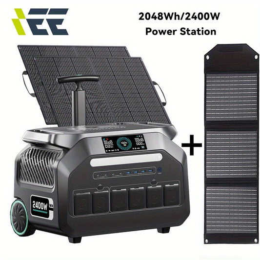 IEE P2400 Portable Power Station 2400W (5000W Peak) Solar Generator with 2x100W Solar Panels & Bonus 30W Panel, 2048Wh LiFePO4 Battery, 1800W AC Charging, 4 AC Outlets, Heavy-Duty for home Backup, RV, Emergencies - Eco System