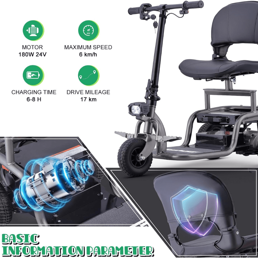 New Arrival- Portable 3-Wheel Electric Mobility Scooter | Lightweight & Foldable | 300lb Capacity | LED Lights | Rotatable Seat | Perfect for Seniors & Adults | Black/Red