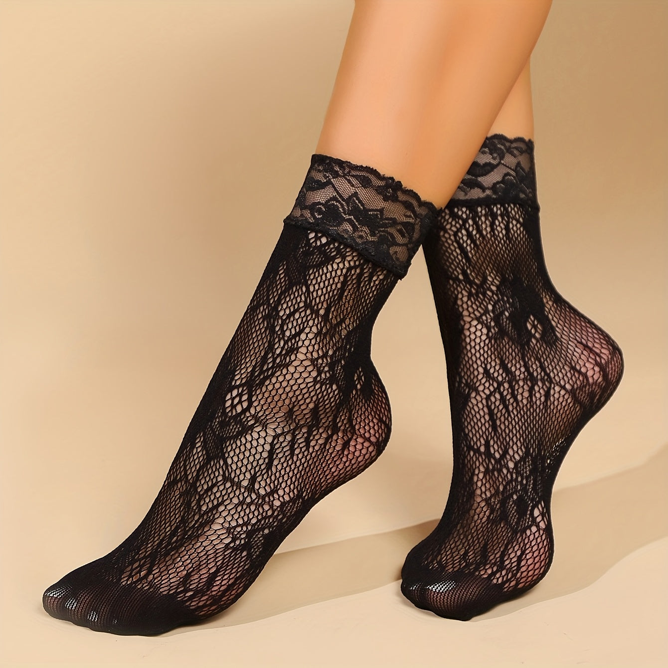 6 Pairs of Women's Short Socks, Lace Ankle Socks, Hollow-Out Mid-Calf Socks, Lace-Trimmed Calf Socks