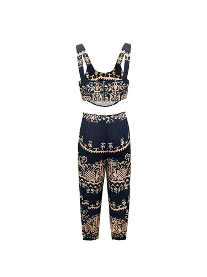 Women'S Stylish Black Paisley Print Tank Top And Drawstring Pants Set