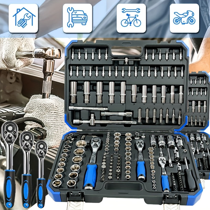170+2/53+1pc Professional Car Repair Tool Set, Ratchet Wrench And Durable Toolbox, 1/2 * 1/4 "3/8" Drive Depth And Standard Socket, Suitable For Car Repair, Home And Projects, Worry Free Operation For Men And Women, Christmas