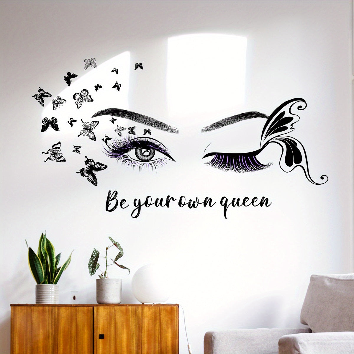 Female Eye & Butterfly Wall Sticker with Queen Slogan - Black & White Elegant Eyelash Mascara-Like Design, "Be Your Own Queen" PVC Decal for Room,, Bedroom, Living Room Decor - Easy Peel & Stick