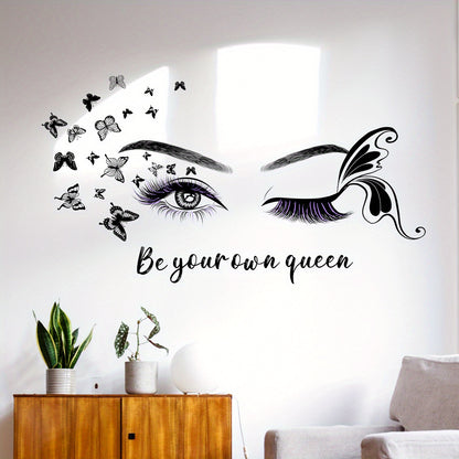 Female Eye & Butterfly Wall Sticker with Queen Slogan - Black & White Elegant Eyelash Mascara-Like Design, "Be Your Own Queen" PVC Decal for Room,, Bedroom, Living Room Decor - Easy Peel & Stick