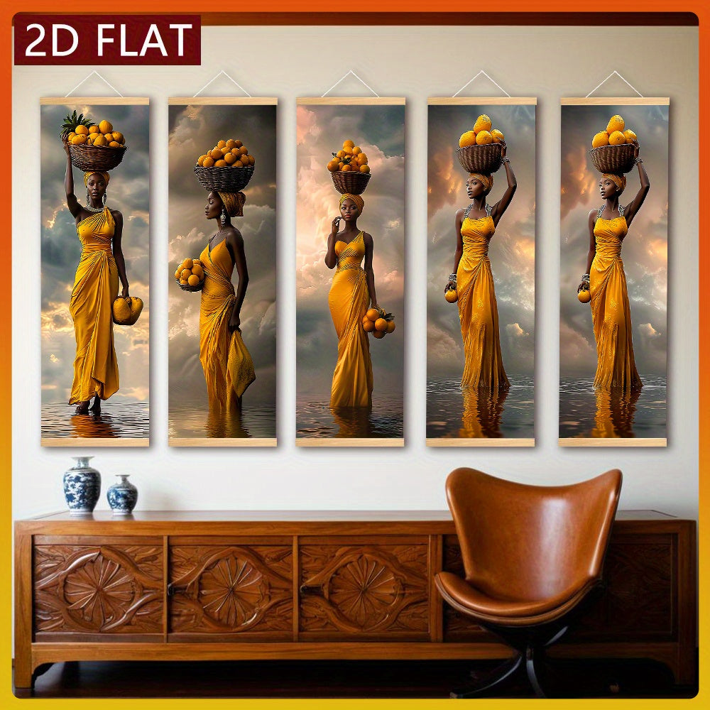 5pcs African Woman Wall Art Set - Bohemian Wood Framed Vertical Panel Paintings with Traditional Dress, Headwrap & Basket - Cultural Canvas Decor for Living Room, Bedroom, Cafe - Hook Installation ( Use)