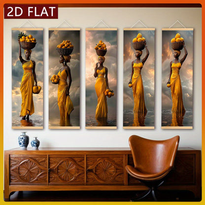 5pcs African Woman Wall Art Set - Bohemian Wood Framed Vertical Panel Paintings with Traditional Dress, Headwrap & Basket - Cultural Canvas Decor for Living Room, Bedroom, Cafe - Hook Installation ( Use)