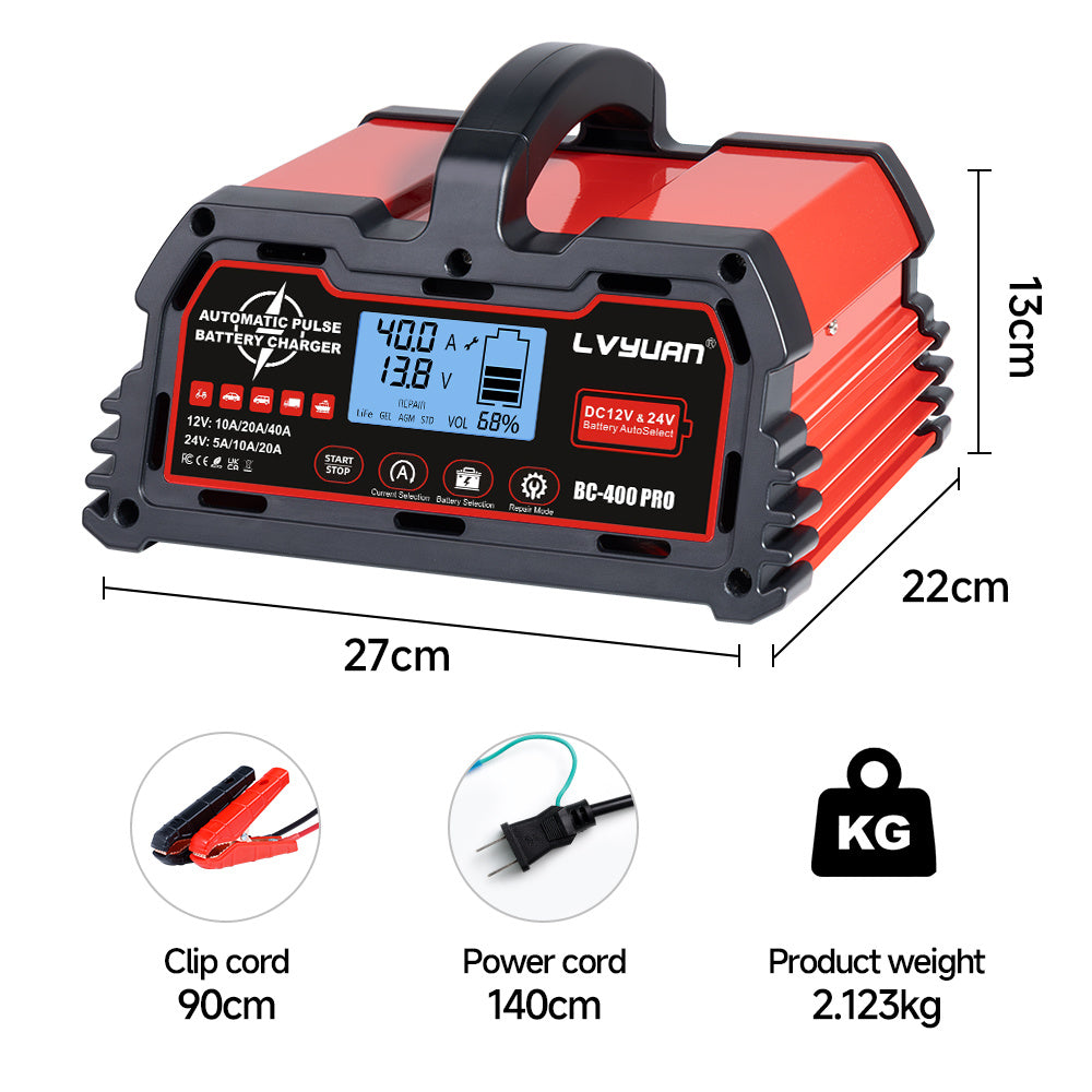 Lifepo4 Battery Charger, 40 Amp Car Battery Charger, Fully Automatic Car Battery Charger for Lead-Acid Batteries (12V/24V) and Lithium Iron Phosphate Batteries (12V), Smart Trickle Charger, AGM Deep Cycle Battery Charger, Sui