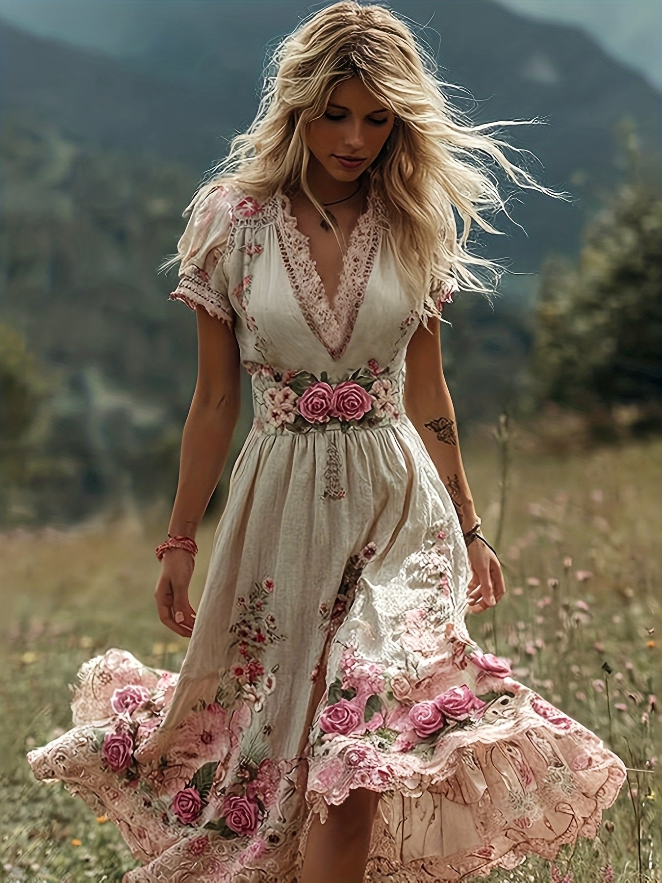 Elegant Women'S V-neck Short-Sleeved Dress with Full Skirt | Lightweight and Breathable Fabric, Perfect for Travel and Beach Vacations, Floral Pattern, Oversized Fit