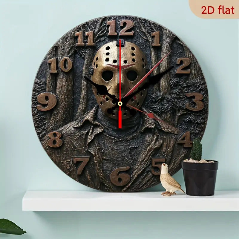 Friday the 13th Jason Voorhees Mask Wall Clock- 10inch  Silent Quartz Horror  Decoration, 2D Flat Printing, Artificial Wood Round Clock, Suitable for Halloween, Christmas, Living Room and Bedroom- Energy Saving(AA Batteries I
