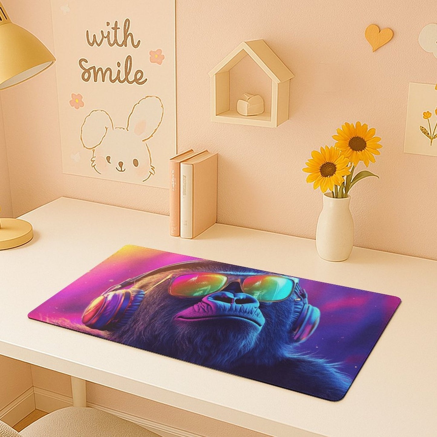 Large Gorilla DJ Mouse Pad & Desk Mat - Non-Slip Washable Rubber Base, Neon Gorilla Headphones & DJ Turntable Design, Gaming/Office Computer Mat for PC/Laptop, Durable Desk Accessory for Music Producers & Tech Enthusiasts