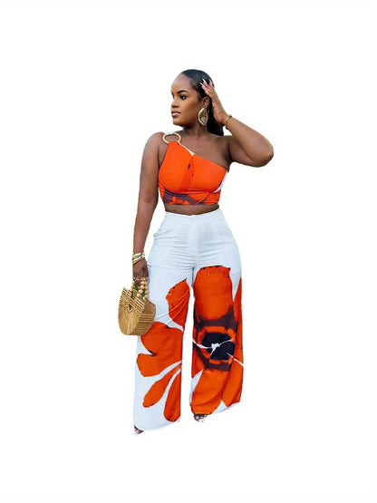 D9738 Women'S Y2K Fashion Floral Print One-Shoulder Slim Fit Wide-Leg Pants Two-Piece Set - Sexy Spring/Fall Outfit, Spring Fashion|Sleek Shoulder Design|Polyester Fabric