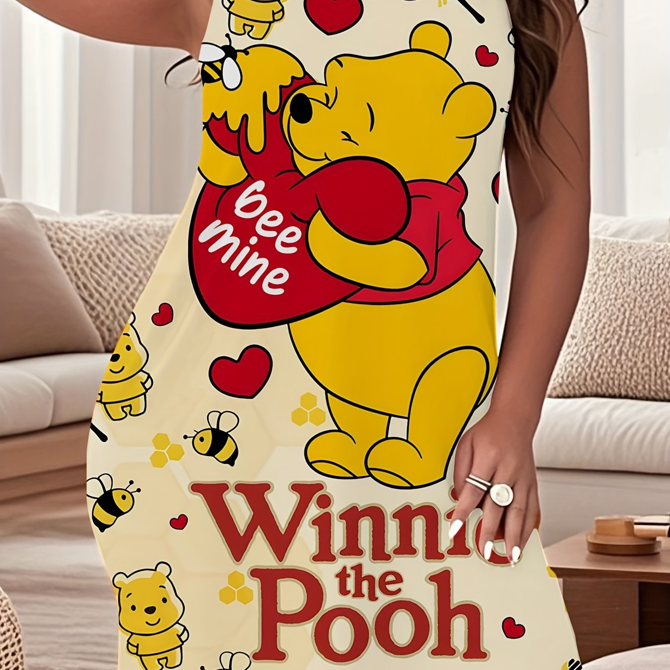 Disney Winnie The Pooh Dress With Winnie The Pooh And His Friends Pattern Plus Size Soft And Comfortable Sleeveless Beach Dress, Round Neck, Cartoon Print, Cool Summer Dress, Casual Nightgown | Sleeveless Pajamas | Comfortabl