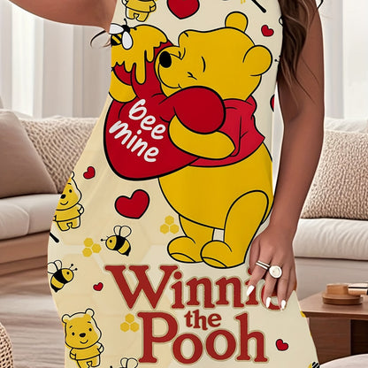 Disney Winnie The Pooh Dress With Winnie The Pooh And His Friends Pattern Plus Size Soft And Comfortable Sleeveless Beach Dress, Round Neck, Cartoon Print, Cool Summer Dress, Casual Nightgown | Sleeveless Pajamas | Comfortabl