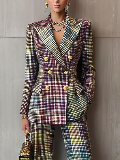 Double-Breasted Blazer and Straight-Leg Trousers - Urban Elegant Business Office - Digital Print Color Gradient Plaid Lapel Long Sleeve Casual - Suitable for Parties, Dates, Business Office, and Various Important Occasions