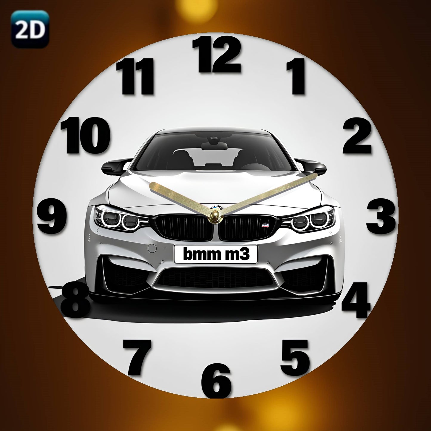 1pc Silent Wall Clock with 2D Car Design – 7.87 Inch Circular Acrylic Decorative Clock, White with Golden Accents, Ideal for Home, Office, Garage, Bar, Café, Garden, Party & Holiday Gift, Clock Wall Decor