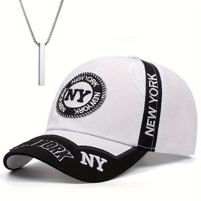 2pcs One Hat Plus One Necklace Men's Outdoor Full-Print Tactical Camouflage NY Pattern Baseball Cap and Faith Bar Pendant, Suitable for Climbing, Cycling Accessories, Christmas Party