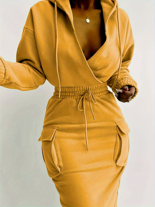 Women's Hooded Cross-Neck Waist-Cinched Cargo Dress with Utility Pockets - Fitted Midi Length Dress for Fall/Winter, Curve-Enhancing Outfits for Dates, Outings & Parties (Hand Washable Solid Color) | Elegant Workwear for wome