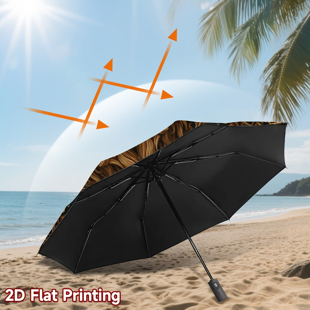 Automatic Open/Close Umbrella with Golden Lion Head Design - Elegant Black & Golden Accent Folding Umbrella, Heavy-Duty Iron Frame & 8-Rib Structure, Auto Open Close Button, Compact Travel Umbrella for Women/Men, Ideal Gift f
