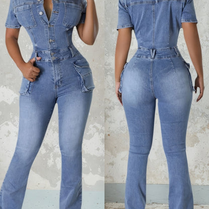 Women's Retro Denim Jumpsuit - Leg-elongating Flare Bell-Bottom Suit, Collar Short Sleeve Tight-Fit all-Season Wear for Parties Weddings Dates | Hand Washable Solid Color Outfit (No )