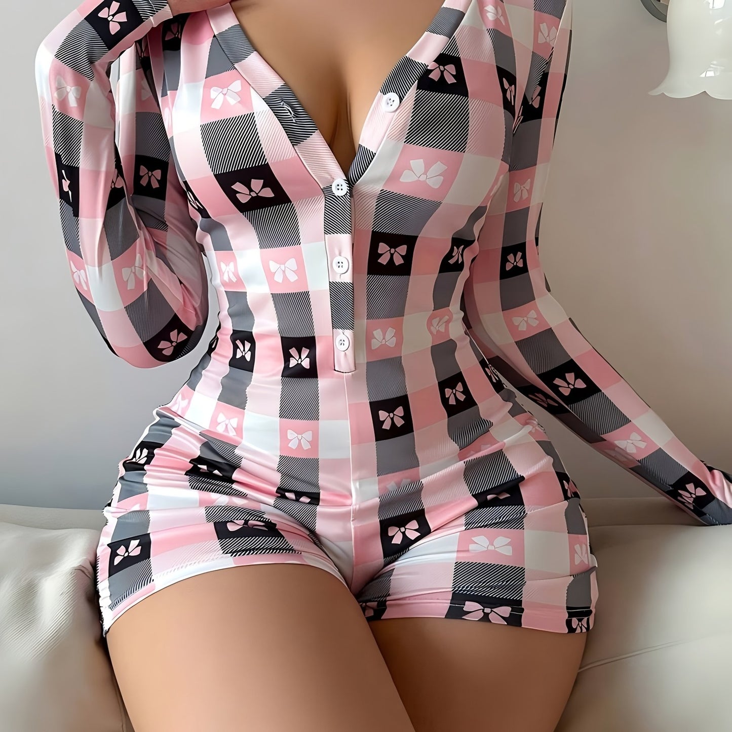 Women'S Shorts Jumpsuit with a Bow Print, Alluring Design Featuring a Deep V-Neck And Long Sleeves, Perfect for Casual Home Wear Or Street Outings, Ideal for a Feminine Date, Trendy Street Outfit.