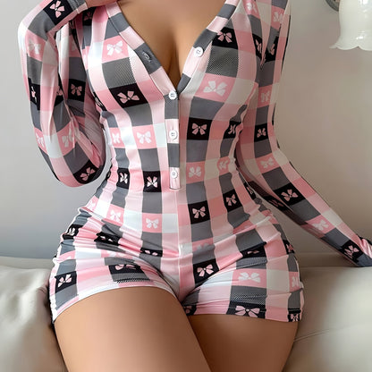 Women'S Shorts Jumpsuit with a Bow Print, Alluring Design Featuring a Deep V-Neck And Long Sleeves, Perfect for Casual Home Wear Or Street Outings, Ideal for a Feminine Date, Trendy Street Outfit.
