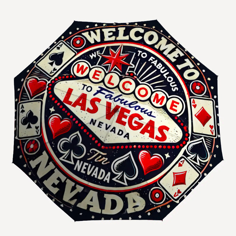 Las Vegas-Themed Open/Close Umbrella with Folding Mechanism - Heavy-Duty 8-Rib Iron Frame, All-Weather Portable Travel Umbrella with Design (Hearts, Spades, Dice, Poker) - Compact & Sturdy for Home, Travel, Outdoor - Ideal Gi