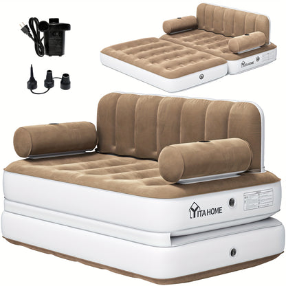 Inflatable Air Sofa Bed 2-in-1 Backrest Couch Airbed W/Headboard And External Pump, Portable Convertible Blow Up Bed Mattress W/Storage Bag, Sofa W/Build-in Cup Holders Arm, For Home, Outdoor Camping And Guests, Living Room F