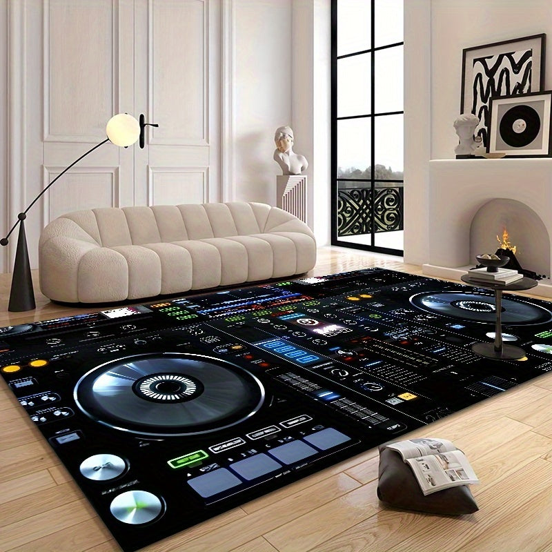 Large Non-Slip Floor Mat Mat - DJ Turntable Design -Slip Living Room Bedroom Bathroom Mat, Machine Washable Indoor/Outdoor Mat for Home Studio, Parties, Gym - Black Background with DJ Controls Graphic
