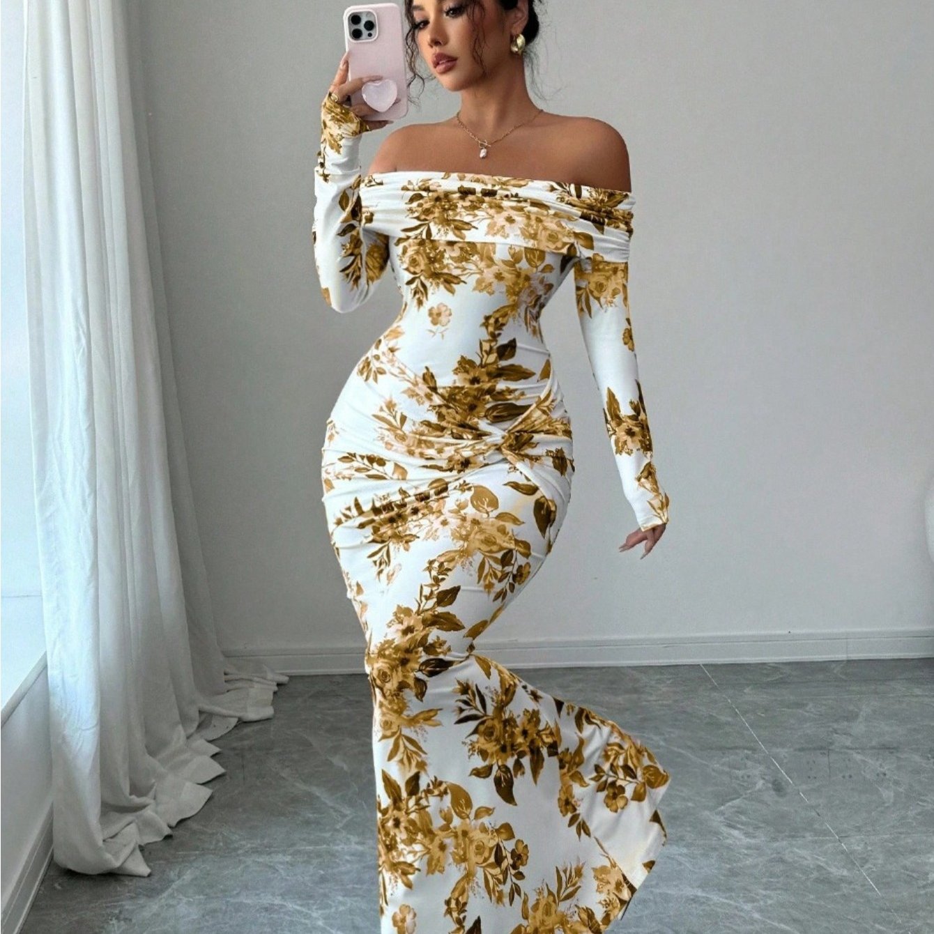 LUCKFOX Women's Clothing 2026 Waist and Thin Spring Early Spring Women's Clothing New Models, Daily Wear, Enjoy Elegant and Beautiful Printed Long Dress Temperament Slim One-word Shoulder Long-sleeved Dress Women Are Now