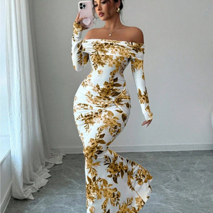 LUCKFOX Women's Clothing 2026 Waist and Thin Spring Early Spring Women's Clothing New Models, Daily Wear, Enjoy Elegant and Beautiful Printed Long Dress Temperament Slim One-word Shoulder Long-sleeved Dress Women Are Now