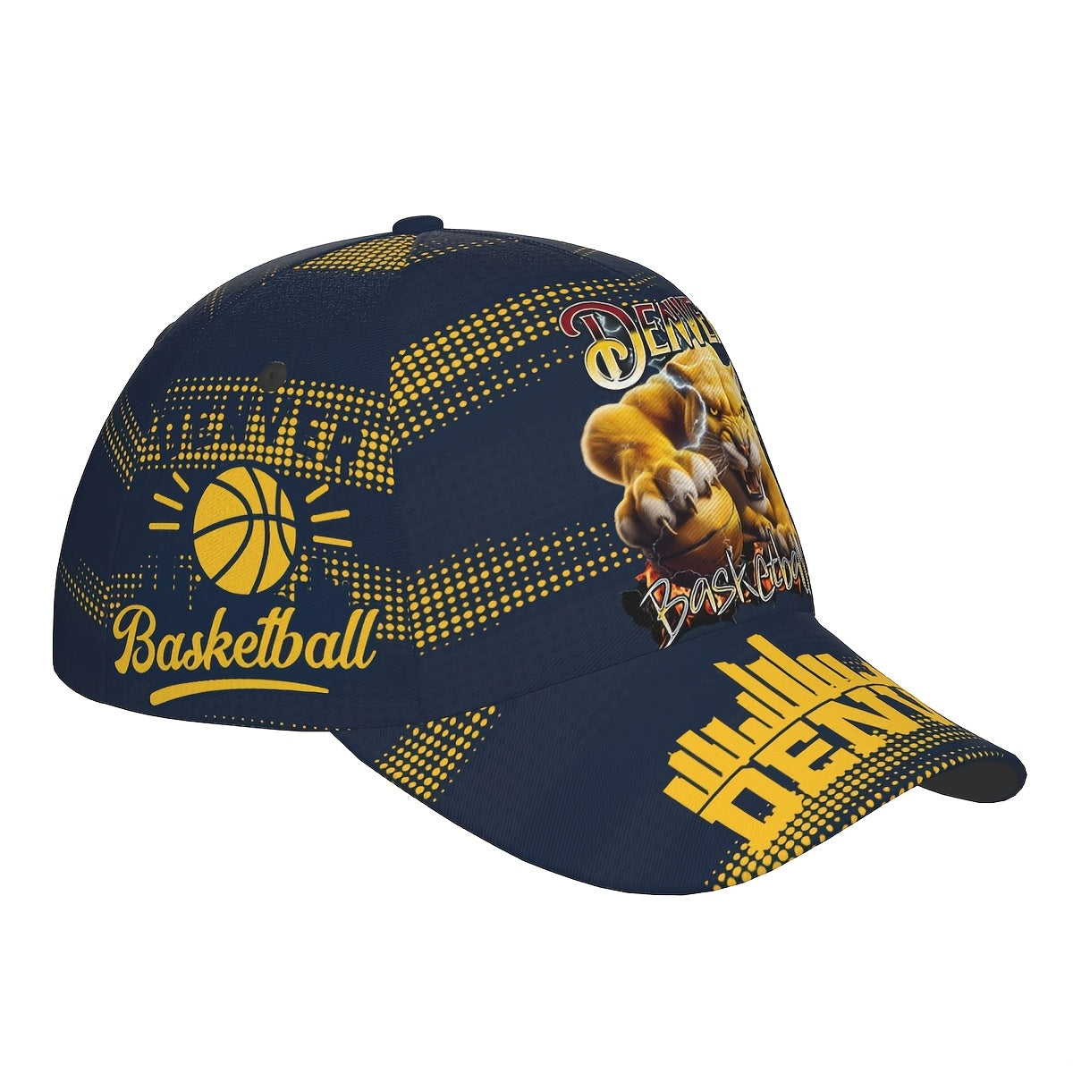 Trendy Structured Baseball Cap Featuring a Full-Print Design of a Golden Lion in a Basketball Style, Complemented by a Navy And Golden Polka Dot Stripe Texture