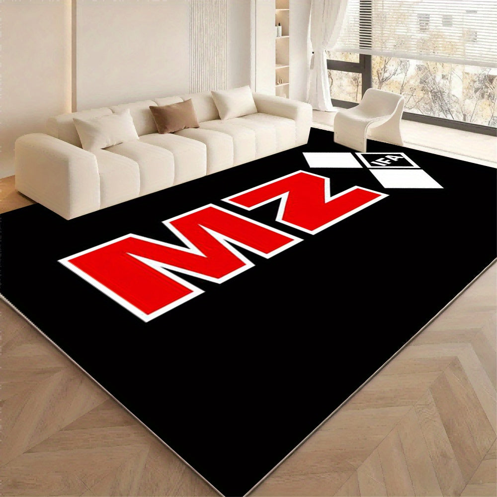 Extra Large Modern Black & Red MZ Lettering Area Mat - Heavy-Duty Non-Slip Backing, Machine Washable Mat for Living Room, Bedroom, Office - Red & White Bold MZ Lettering