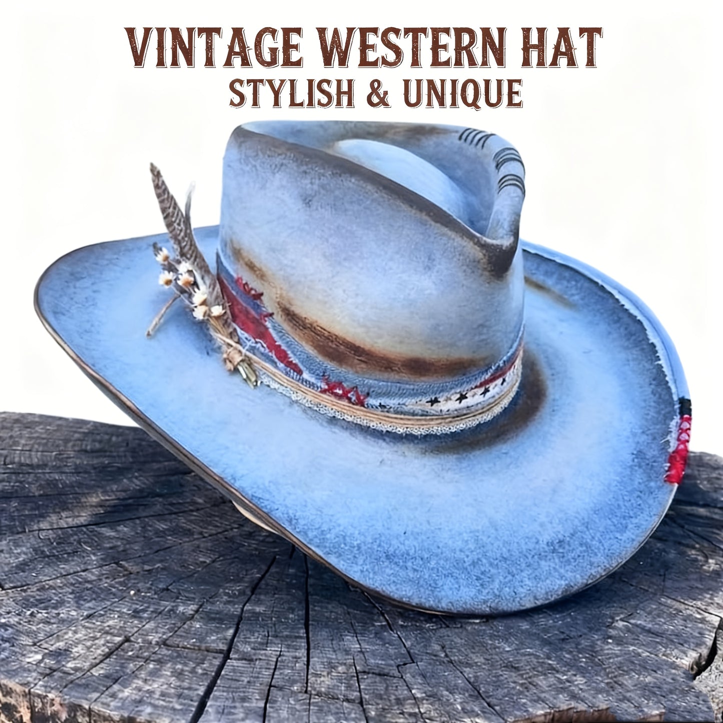 Sky Blue Solid Wool Felt Western Cowboy Hat with Feather Trim - Wide Brim Unisex for all-Occasion Hat Suitable for Men & Women, Western Events, Rodeo, Christmas Gift - Durable Fiber Cowboy Hat