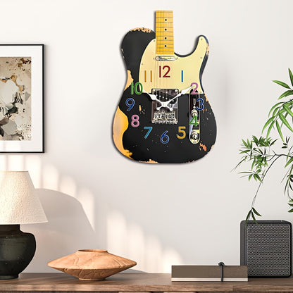 1pc Unique Shaped Clock, Retro Guitar Design Wall Clock, Irregular Cut Guitar Clock, Silent Quartz Unique Creative Music Clock, Suitable for Bedroom, Living Room, Office, Kitchen, Bathroom, Battery Powered (Batteries Not Incl