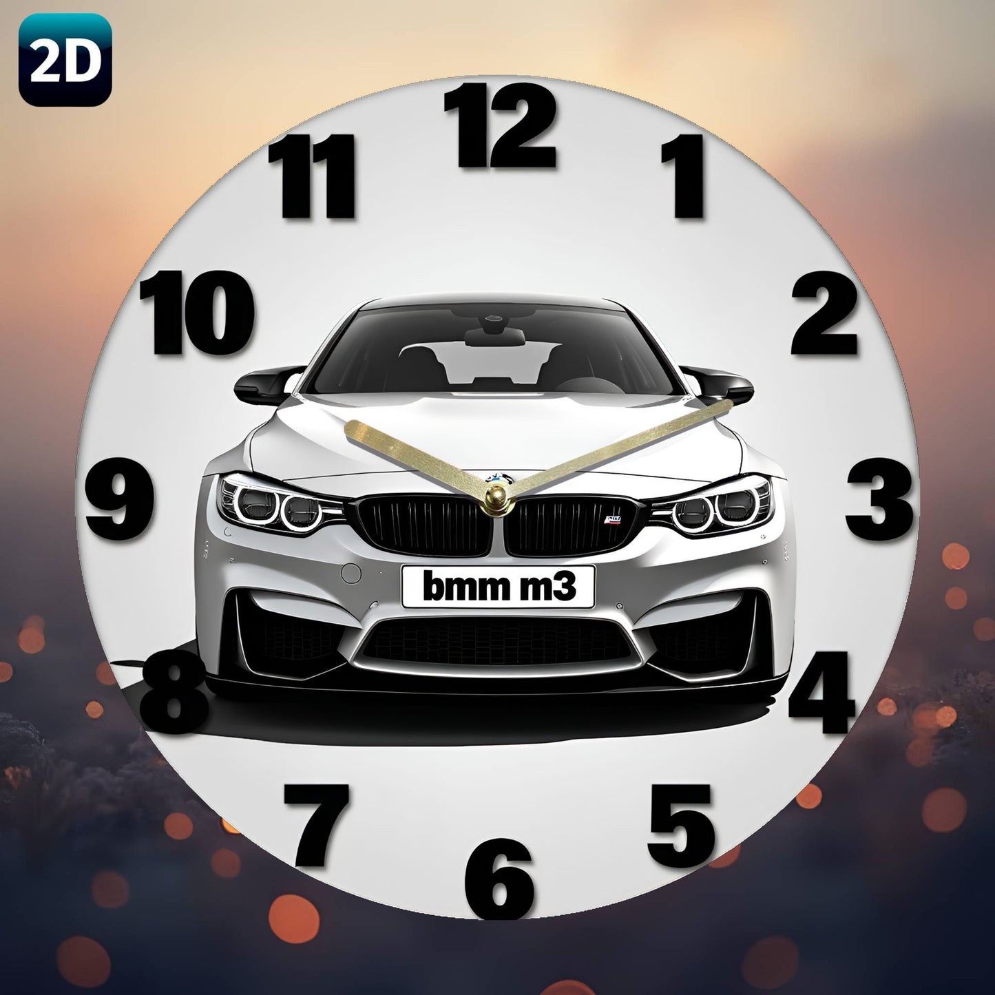 1pc Silent Wall Clock with 2D Car Design – 7.87 Inch Circular Acrylic Decorative Clock, White with Golden Accents, Ideal for Home, Office, Garage, Bar, Café, Garden, Party & Holiday Gift, Clock Wall Decor