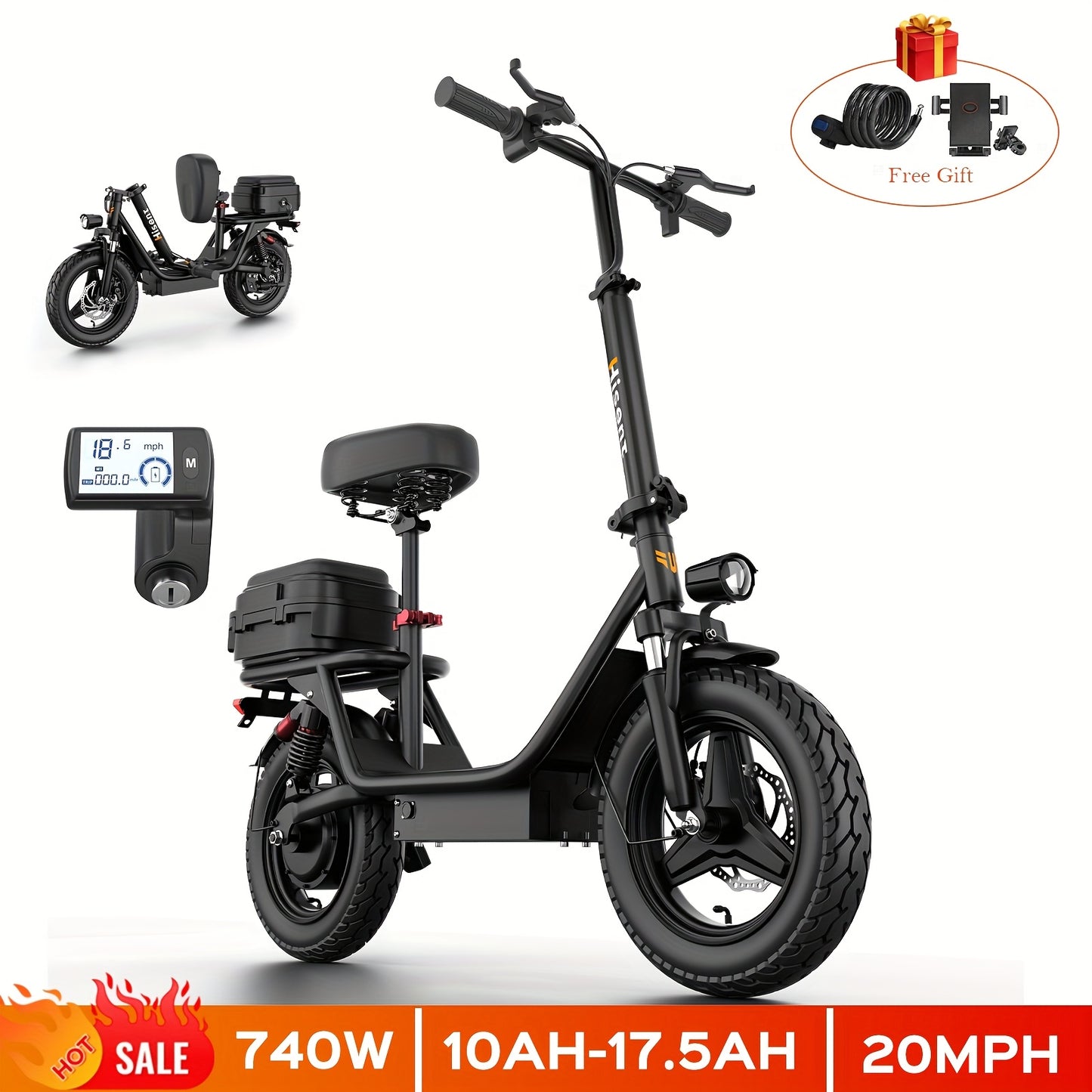 Hisent Adult Electric Scooter- 20 Mph, 740W Peak Motor, 10Ah/15Ah Lithium Battery, 15-40 Mile Range, 14 Foldable With Seat And Storage Box, Dual Suspension, Dual Brake System, Ample Storage, Alloy Steel Frame Durable, Commute