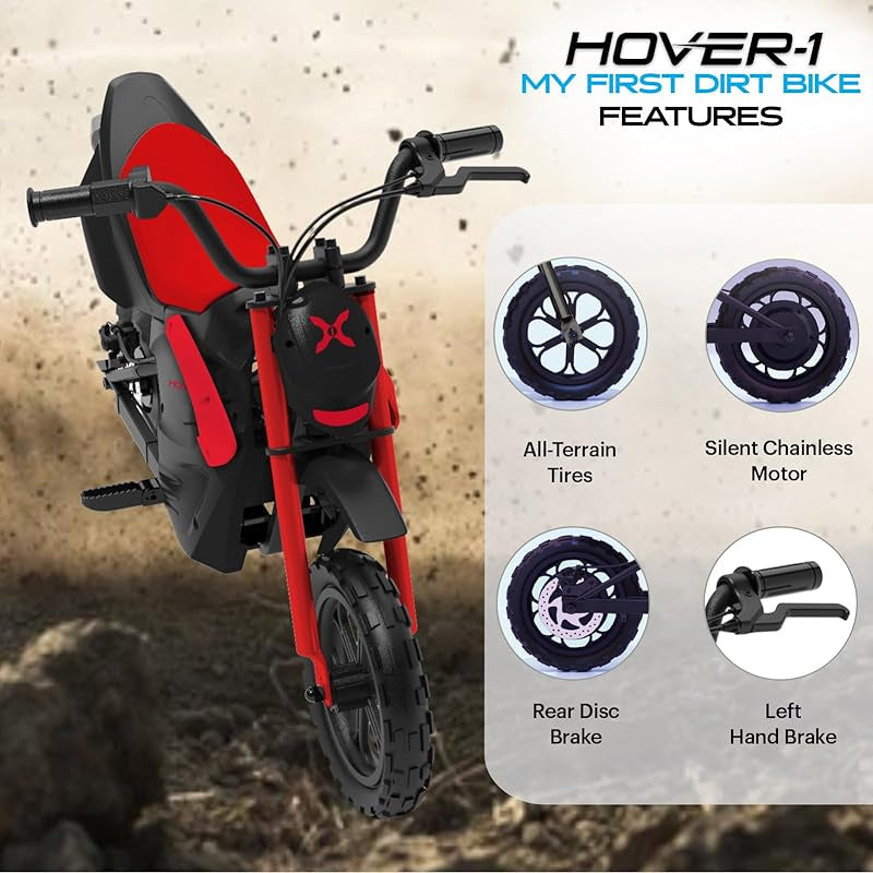 Hover-1 My First Dirt Bike for Kids - 300W Motor, 9MPH Max Speed, 9 Mile Range, 12" Off-Road Tires, 120LB Max Weight, Twist Grip Throttle & Rear Disc Brake Electric Dirt Bike for Kids Ages 5+ Years