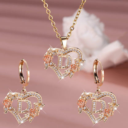 3pcs Women's Initial Jewelry Set - Heart-Shaped Interlocking Link Necklace & Earrings with 26-Letter Monogram, Elegant Golden-Tone -Accented Letters, Dainty Everyday Gift for Mother's Day, Graduation, Birthdays (Pink & Clear