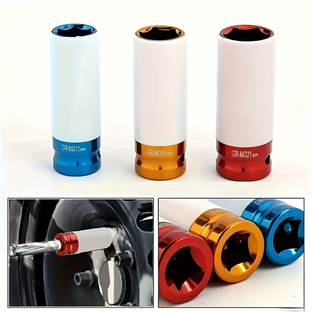 4pcs wheel hub protection hexagonal deep socket/ratchet wrench set, 1/2" drive, metric 17, 19, 21mm wheel guard six-point deep socket, 1/2" oscillating and telescopic ratchet wrench, automotive wheel hub nut tightening tool