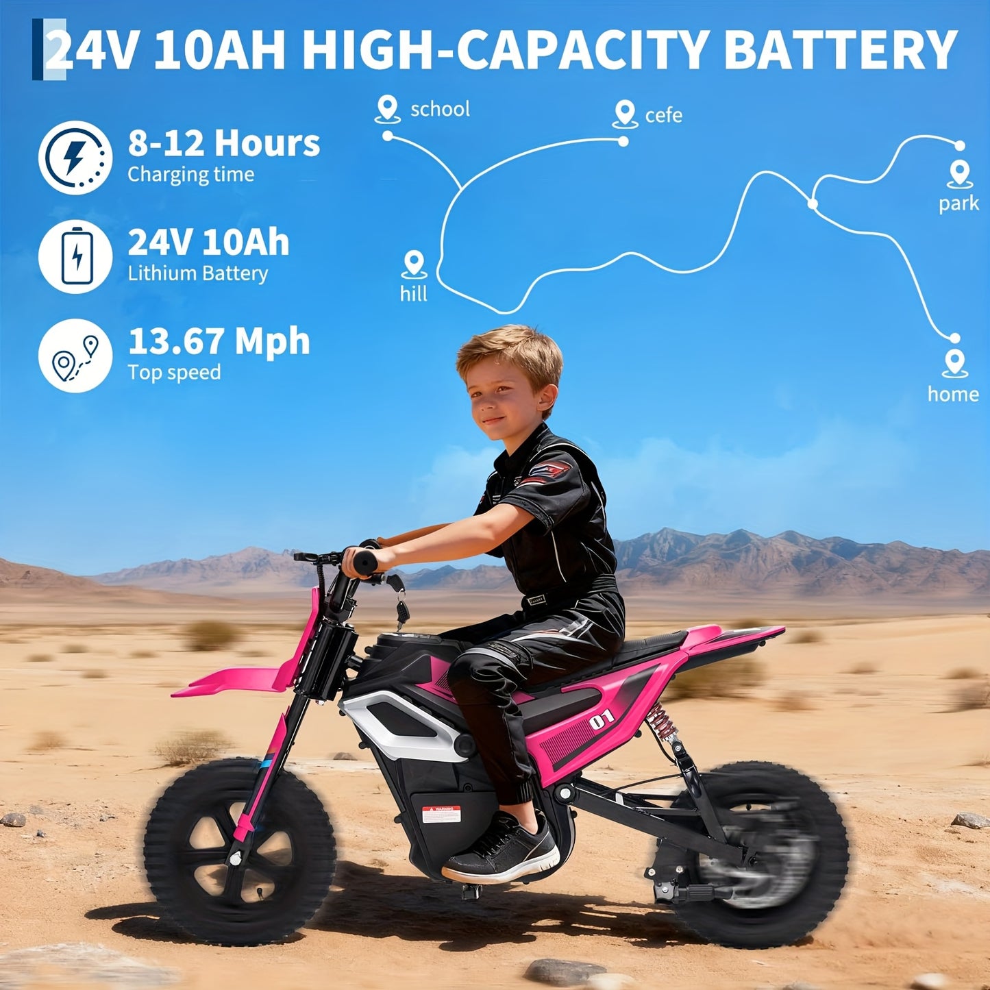 for kids/ only - 24V 350W Ride-On Motorcycle Dirt Bike with Parent-Controlled Twist Throttle, 13.67 MPH Top Speed, 12-Mile Range, Rear Suspension & Leather - Mini Motorbike (Rose Red)