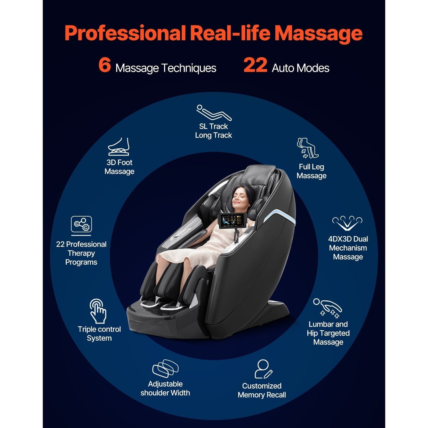 VEVOR Dual-Core 4D+3D Full Body Massage Chair, with Extended SL Track, Deep Yoga Stretch, Electric Extendable Footrest, TFT, AI Voice Control, Heat, Airbags, Armrest Controls, Wheels