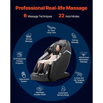 VEVOR Dual-Core 4D+3D Full Body Massage Chair, with Extended SL Track, Deep Yoga Stretch, Electric Extendable Footrest, TFT, AI Voice Control, Heat, Airbags, Armrest Controls, Wheels