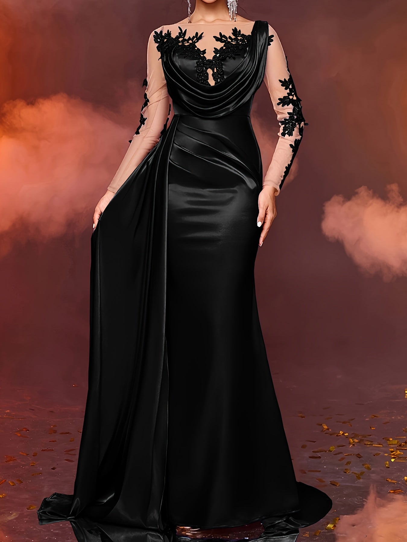 Elegant Long Ladies' Gown with Lace Detail | Solid Color, Contrast Mesh, Long Sleeve, Gown Hem, Ideal for Christmas, Birthday, Graduation, Travel