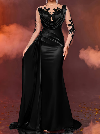 Elegant Long Ladies' Gown with Lace Detail | Solid Color, Contrast Mesh, Long Sleeve, Gown Hem, Ideal for Christmas, Birthday, Graduation, Travel
