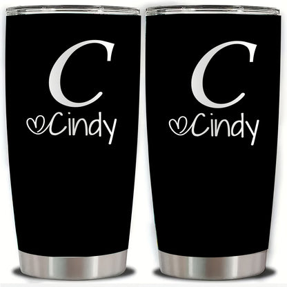 Personalized Stainless Steel Tumbler 20oz - Custom Name/Initials/Text - Double-Wall Insulated Cup with Leakproof Lid & Elegant Cursive Lettering - White with Black Lettering - Ideal Gift for Valentine's, Birthday, Office, Tra